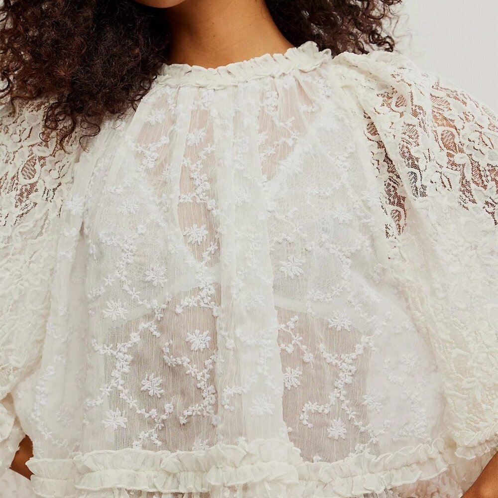 White Casual Women's Lace 3/4 Sleeve Crew Neck Sheer Embroidery Loose Top - Picture 3 of 4